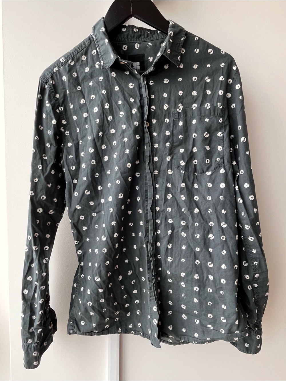 Insight Men's Charcoal Blue Button-Down Shirt with Coffee Bean Print